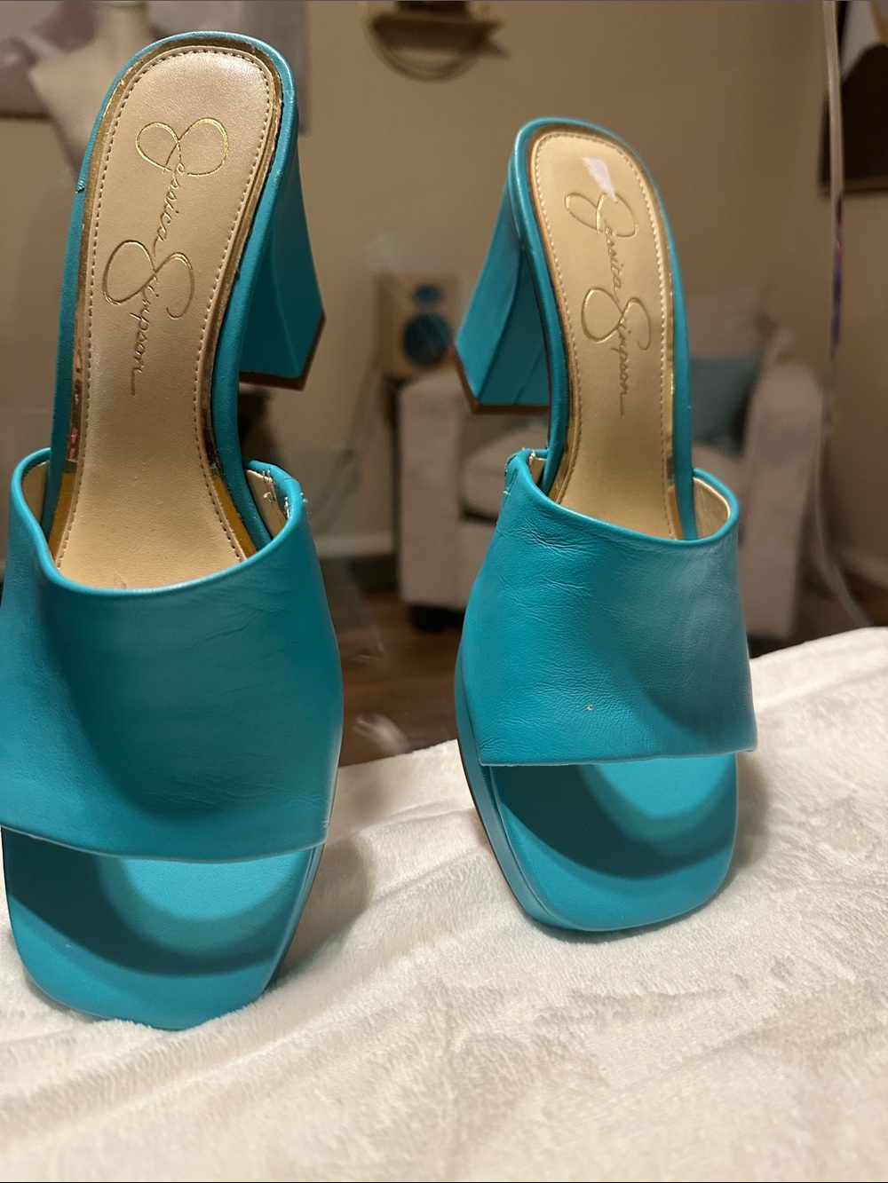 Jessica Simpson Turquoise Open-Toe Block Heel Mules